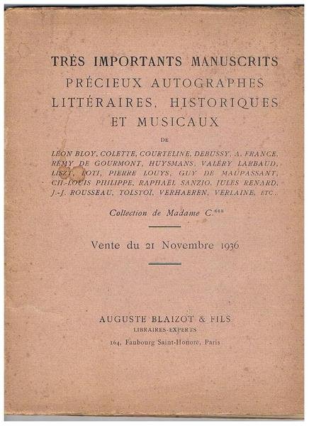 Très importants manuscrits précieux autographes littéraires, historiques et musicaux de …