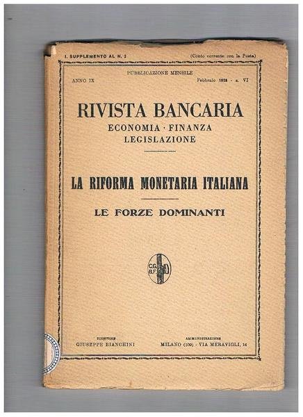 La riforma monetaria italiana; le forze dominanti. Supplemento al n° …