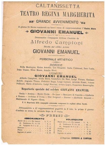 Caltanissetta. Teatro Regina Margherita. Programma abbonamento per una serie di …