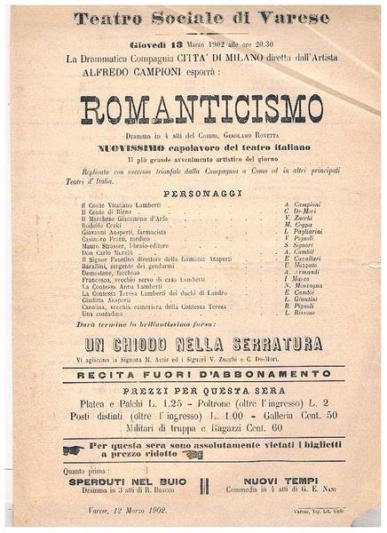 Teatro Sociale di Varese. Rappresentazione di Romanticismo da parte della …