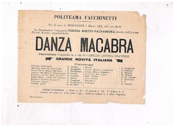 Politeama Facchinetti. Mercoledì 7 marzo 1894 presentazione della commedia in …