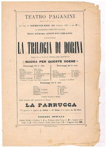 Teatro Paganini. Il 25 febbraio 1891 la drammatica compagnia diretta …
