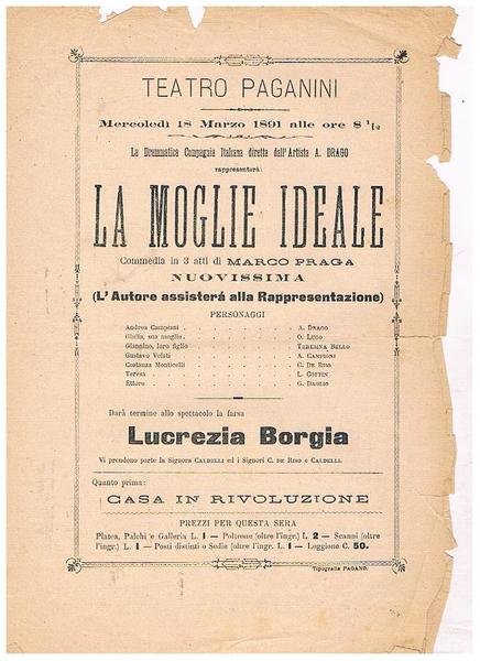 Teatro Paganini, mercoledi 18 maezo 1891 la drammatica compagnia italiana …