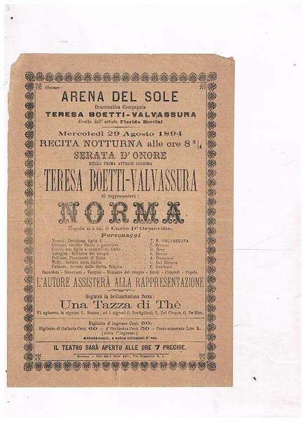 Arena del Sole, drammatica compagnia Teresa Boetti-Valvassura diretta dall'artista Florido …