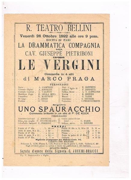 R. Teatro Bellini. Venerdi 28 ottobre 1892. La drammatica compagnia …