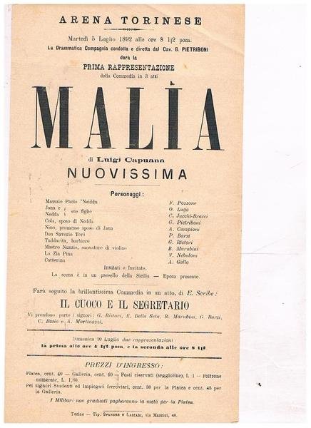 Arena Torinese, martedi 5 luglio 1892 la drammatica compagnia condotta …