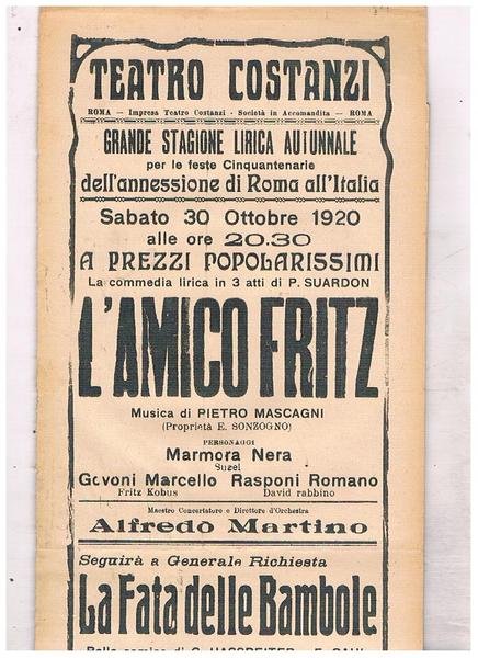 Teatro Costanzi di Roma. Il 30 ottobre 1920, grande stagione …