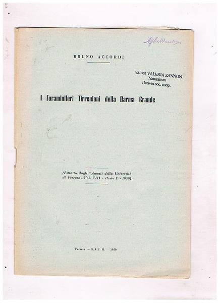 I Foraminiferi Tirreniani della Barma Grande. Estratto.