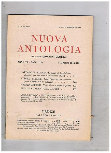Nuova antologia n° del 1 marzo 1944. Spallanzani saggio di …