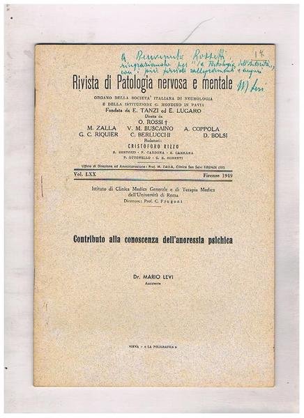 Contributo alla conoscenza dell'anoressia psichica. Fasc. della rivista di patologia …