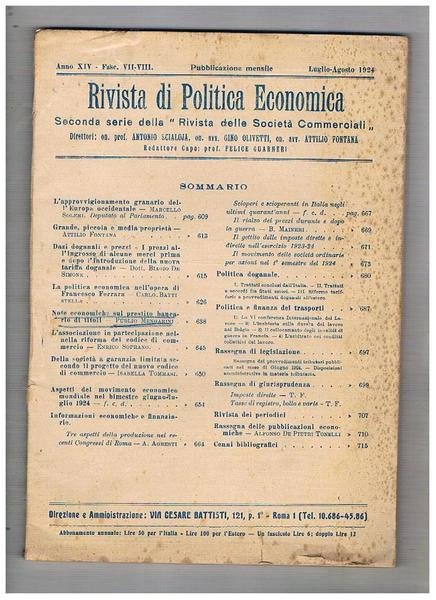 Rivista di politica economica. Fasc. VII-VIII lug-ago 1924. L'approvvigionamento granario …