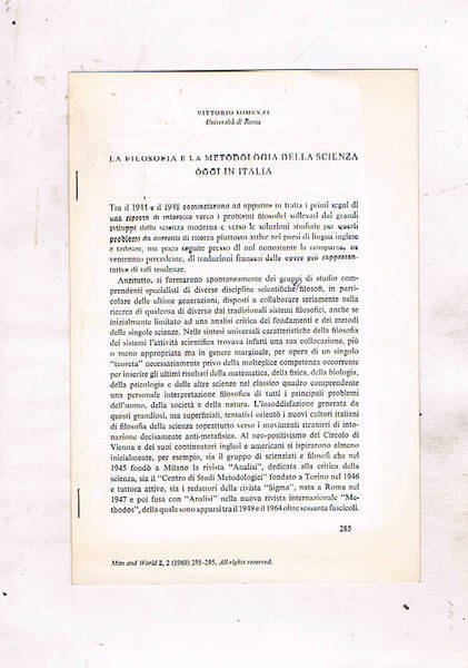 La filosofia e la metodologia della scienza oggi in Italia. …