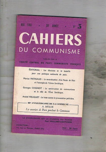 Cahiers du communisme n° 5 Mai 1951. Contiene: 80° de …
