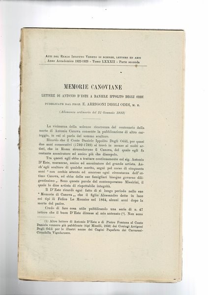 Memorie canoviane. Lettere di Antonio D'Este a Daniele Ippolito degli …