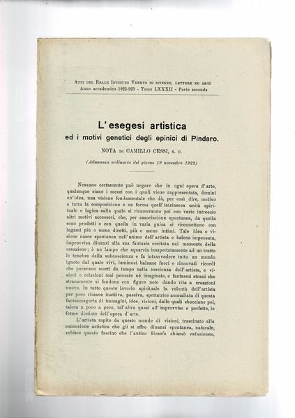 L'esegesi artistica ed i nuovi genetici degli epinici di Pindaro. …