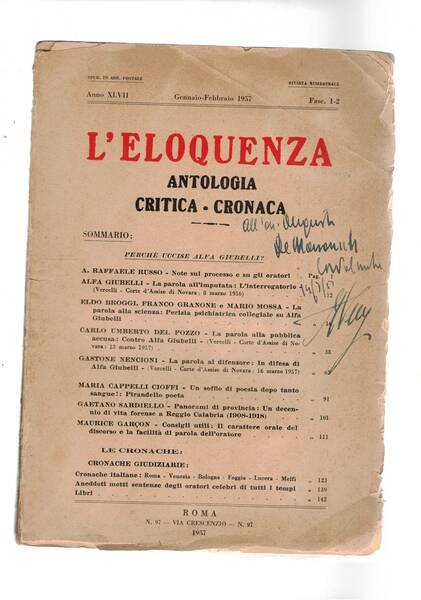 L'eloquenza, antologia critica-cronaca. Gen-feb. 1957. Nota sul processoe su gli …