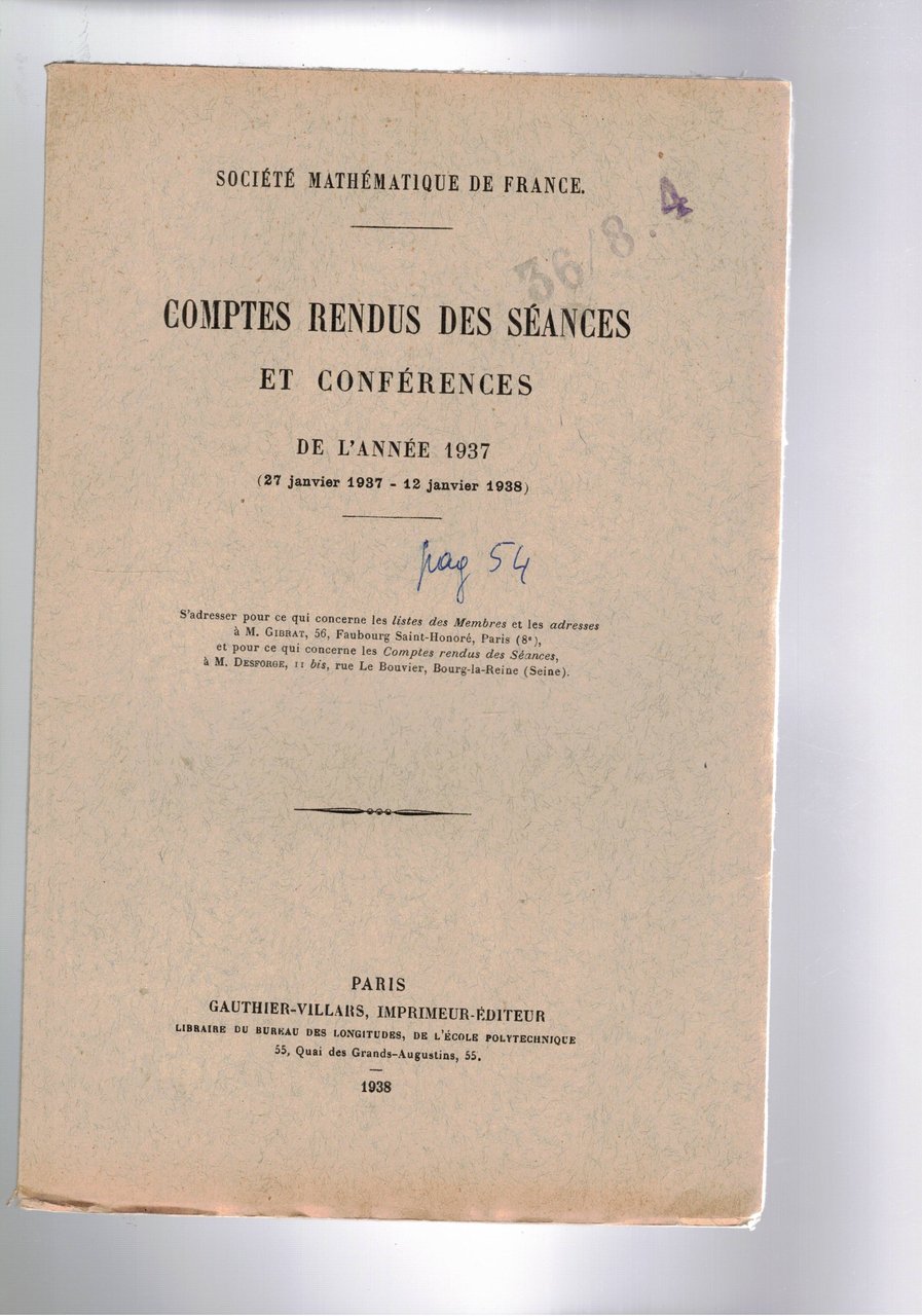 Comptes Rendus des Sciences et Conférences de l'Anne 1937.