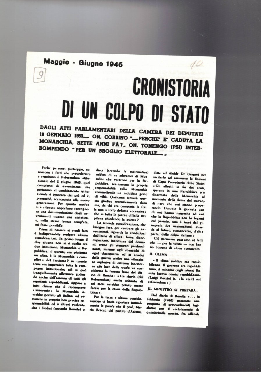 Foglio di 4 pagine intestato maggio - giugno 1946 Cronistoria …