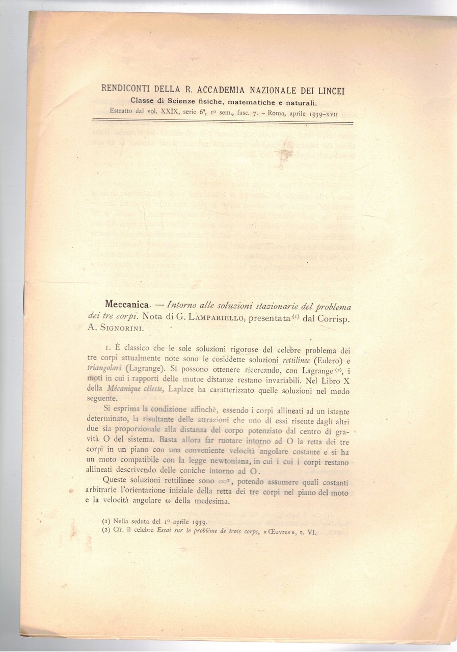 Intorno alle soluzioni stazionarie del problema dei tre corpi. Estratto.