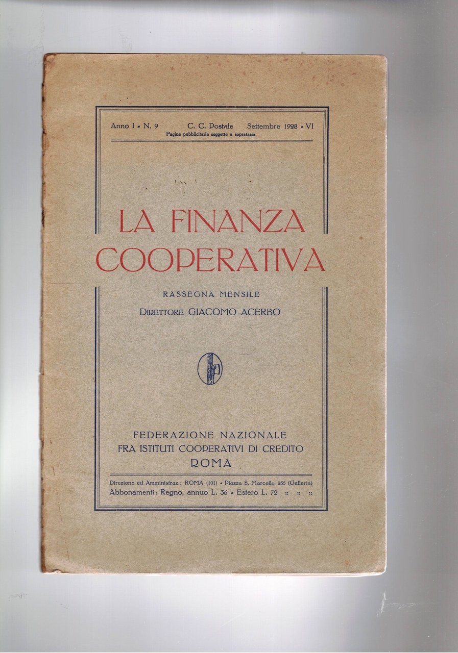 Laa finanza cooperativa. mensile anno I° n° 9 set. 1928. …