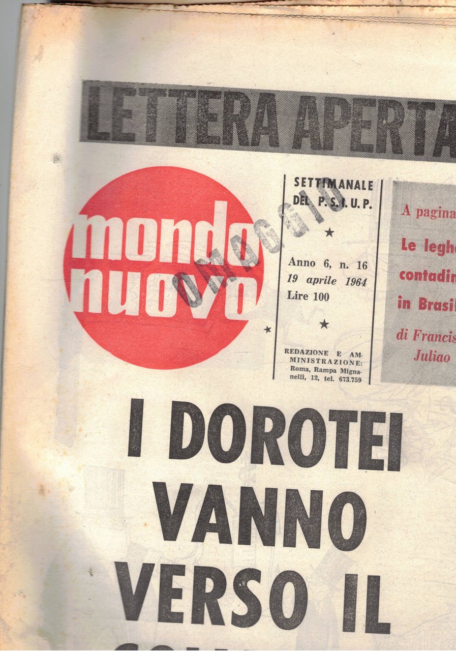 Mondo Nuovo, settimanale del Psiup. n° 16 del 19 aprile …