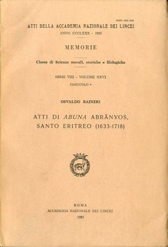 Atti di Abuna Abranyos santo eritreo (1633-1718).