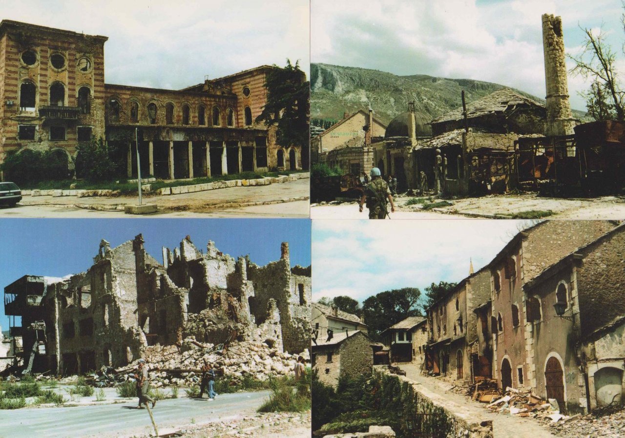 4 farbige Postkarten aus dem zerstörten Mostar.