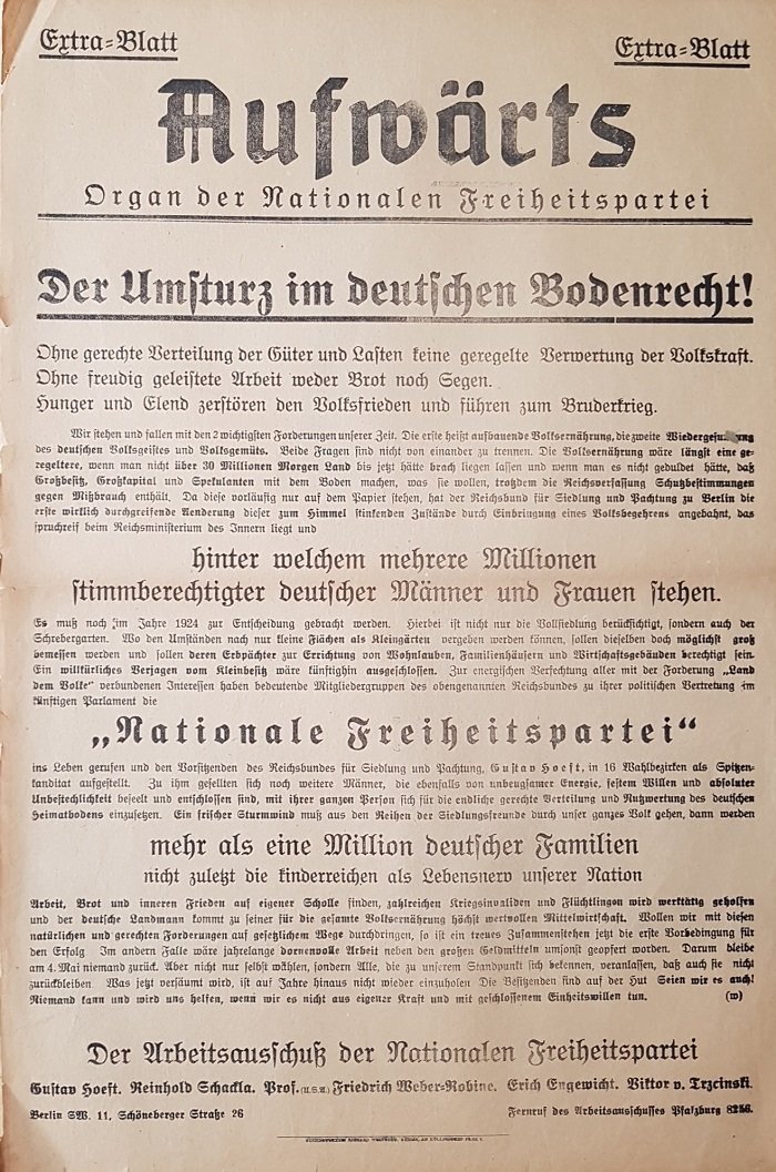 Aufwärts. Organ der Nationalen Freiheitspartei. Der Umsturz im deutschen Bodenrecht!