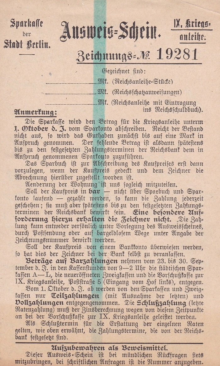 Ausweis-Schein. IX. Kriegsanleihe. Zeichnungs-No. 19281.