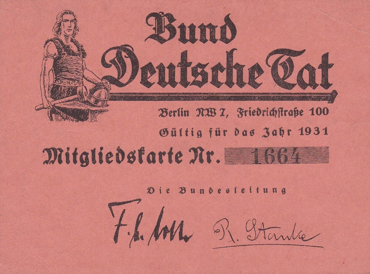 Bund Deutsche Tat. Mitgliedskarte Nr. 1664.