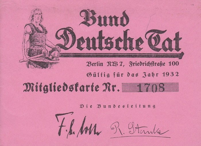 Bund Deutsche Tat. Mitgliedskarte Nr. 1708.