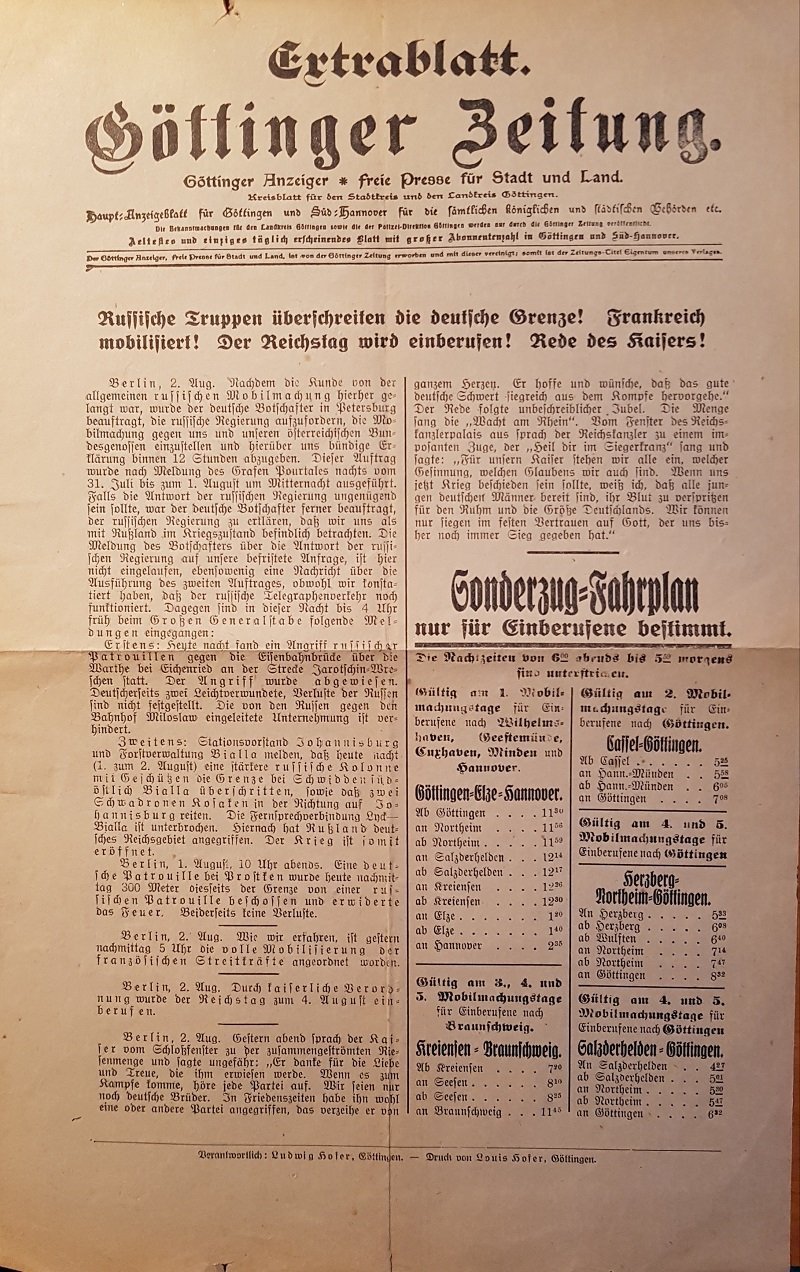 Extrablatt. Göttinger Zeitung. 2. August 1914. Russische Truppen überschreiten die …