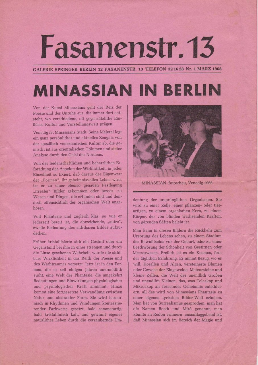 Fasanenstr.13 - (Mitteilungsblatt der) Galerie Springer. Nr.1. März 1968.
