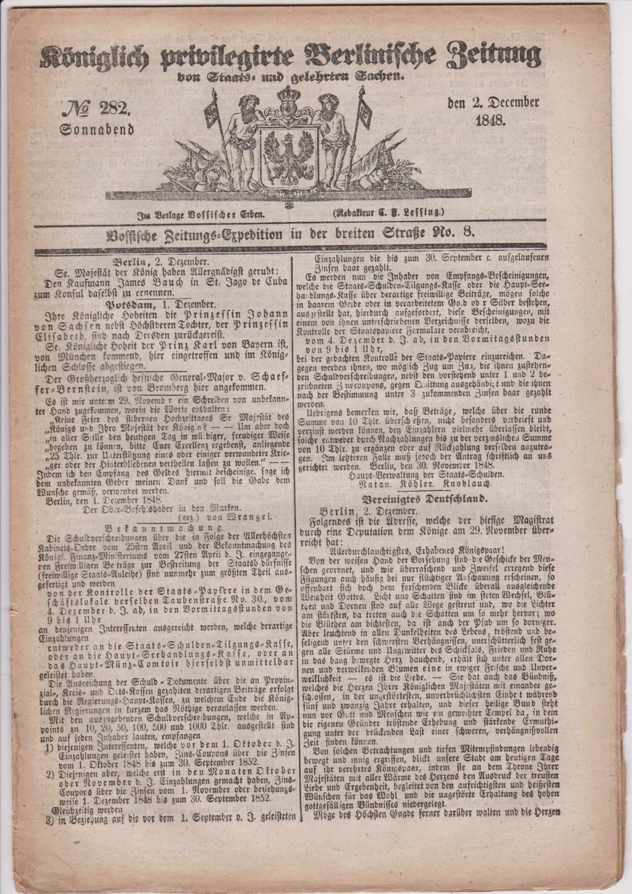 Königlich privilegirte Berlinische Zeitung. No. 282, Sonnabend den 2. December …