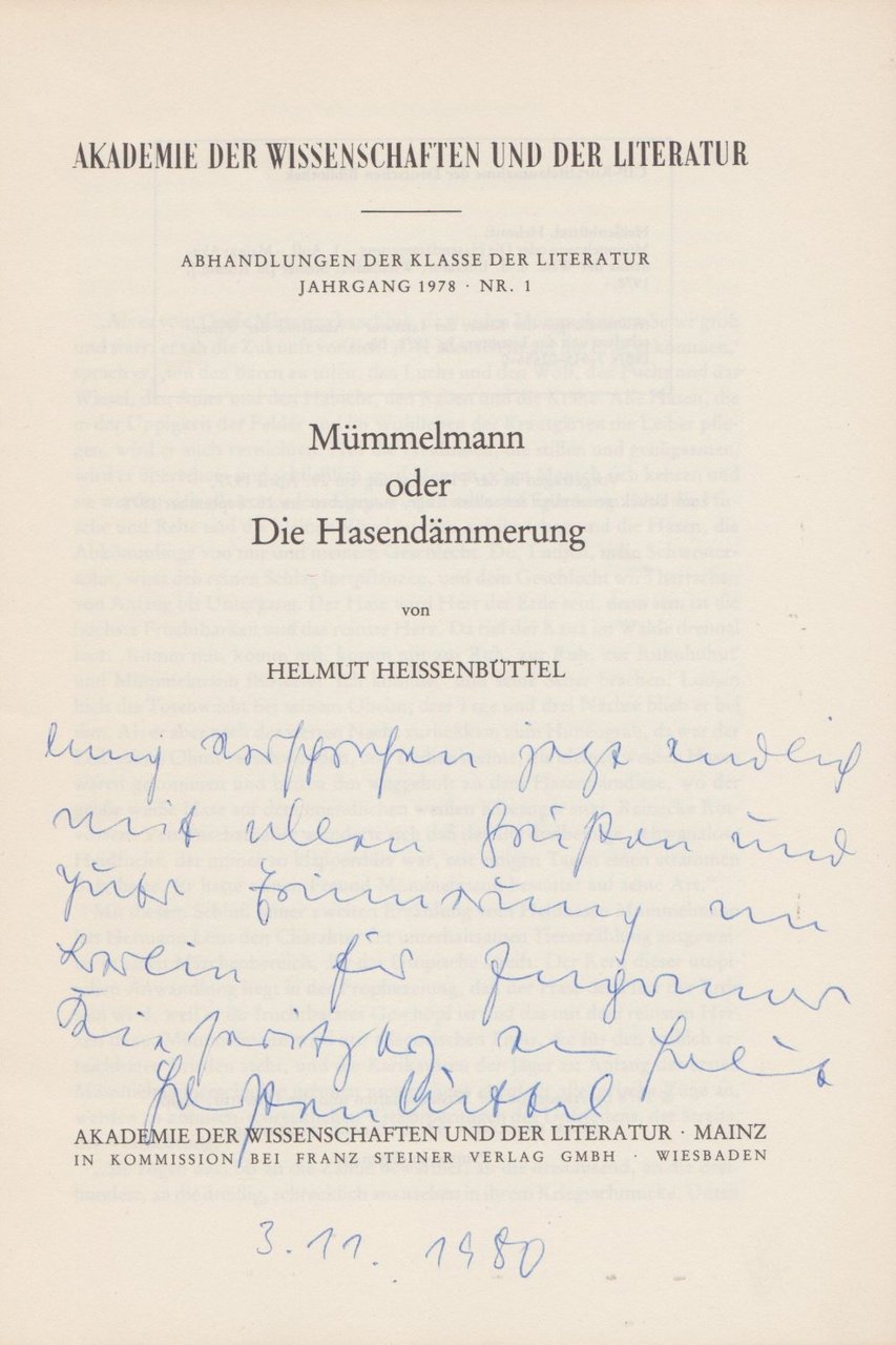 Mümmelmann oder Die Hasendämmerung. (Verfasserwidmung!).