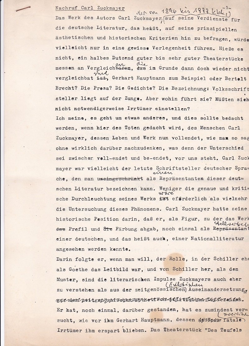 Nachruf Carl Zuckmayer.