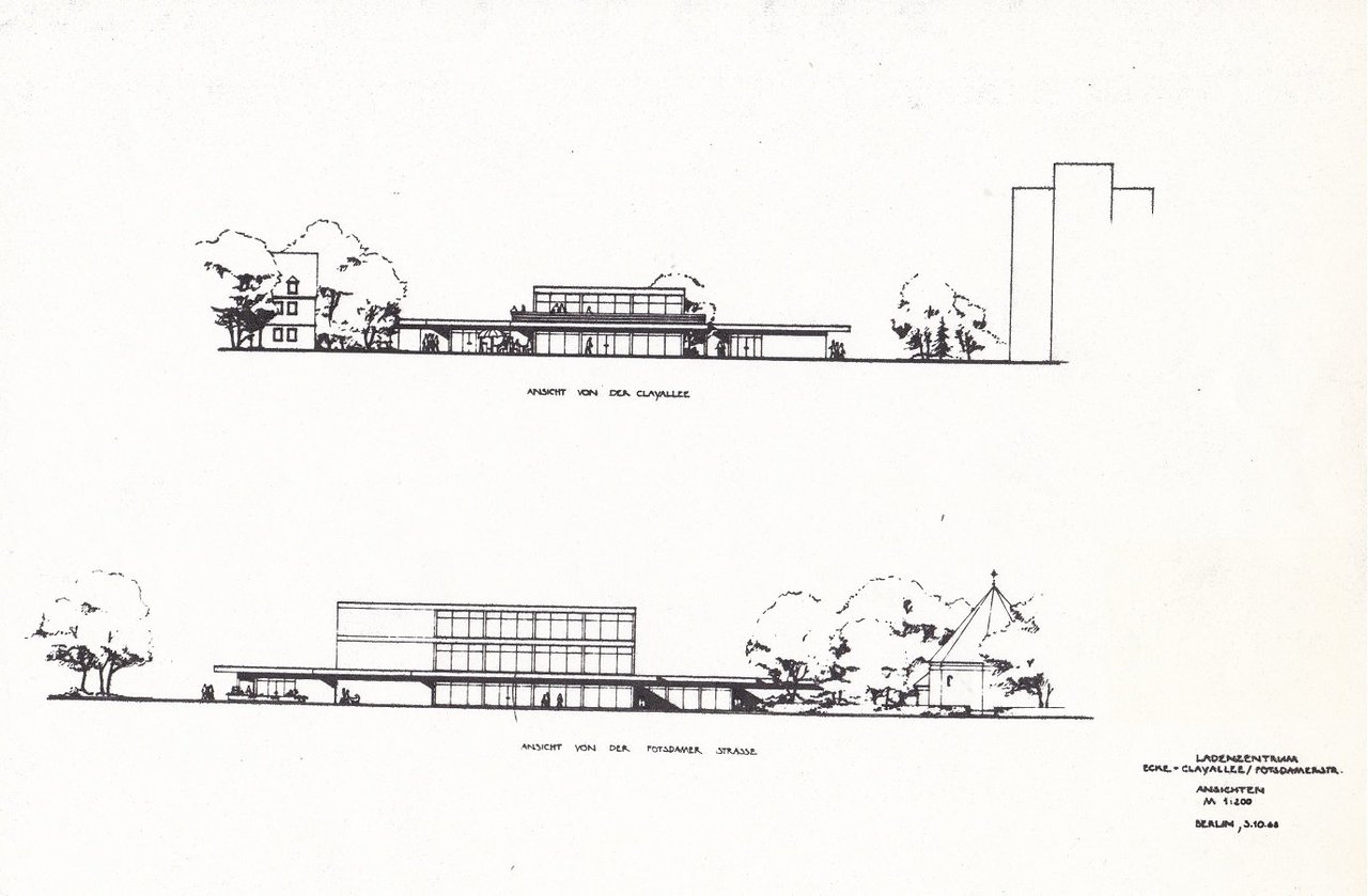 Original-Architektenentwürfe zu dem Bauprojekt: Ladenzentrum Ecke Clayallee/Potsdamer Straße in Berlin-Zehlendorf.