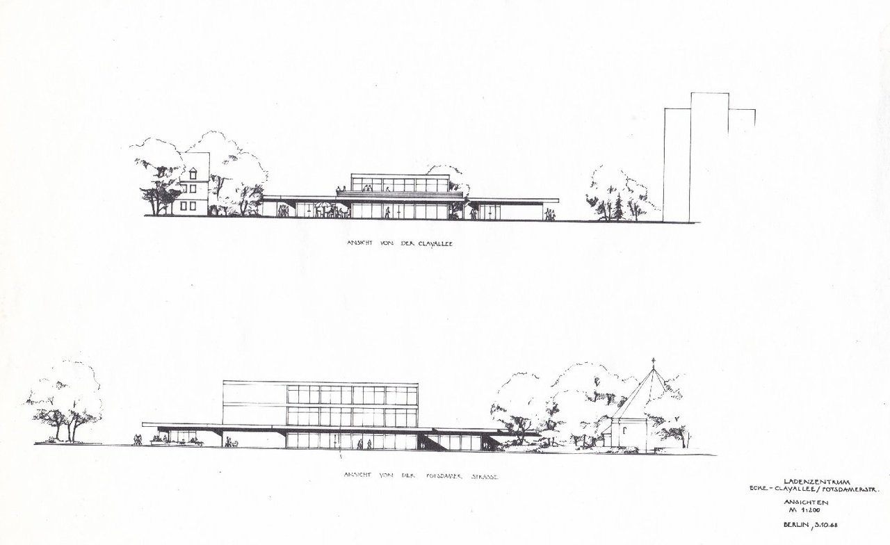 Original-Architektenentwürfe zu dem Bauprojekt: Ladenzentrum Ecke Clayallee/Potsdamer Straße in Berlin-Zehlendorf.