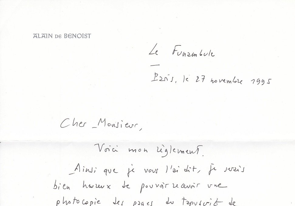 Original-Brief des französischen Philosophen Alain de Benoist.