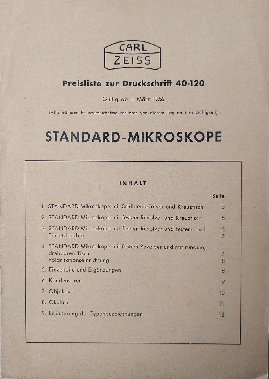 Preisliste zur Druckschrift 40-120 Standard-Mikroskope.