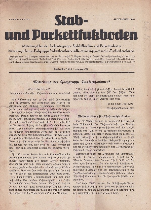 Stab- und Parkettfußboden. September 1944, Jahrgang 22.