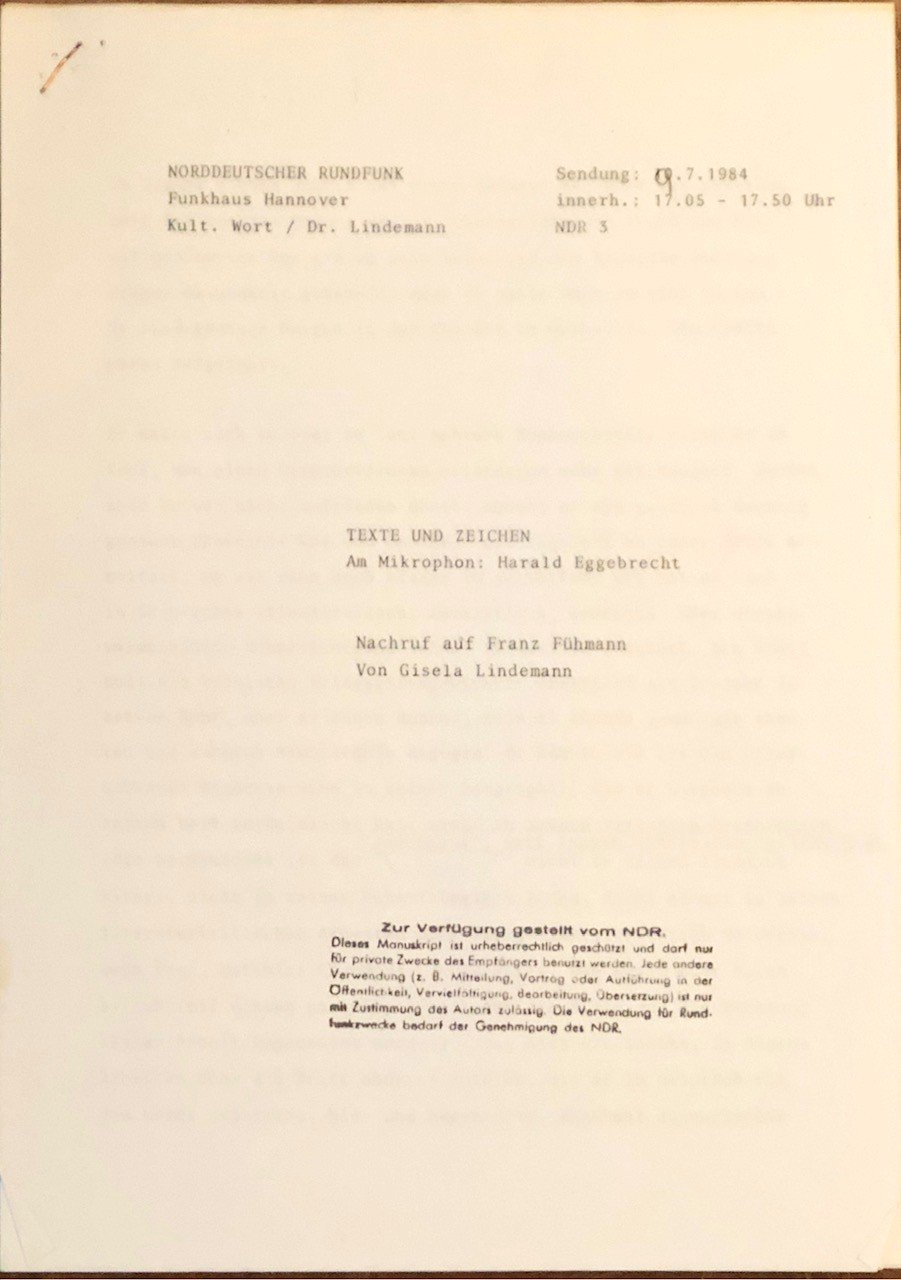 Texte und Zeichen. Nachruf auf Franz Fühmann.