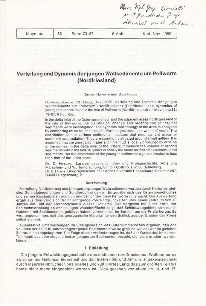 Verteilung und Dynamik der jungen Wattsedimente um Pellworm/Nordfriesland. (Mit Verfasserwidmung!).