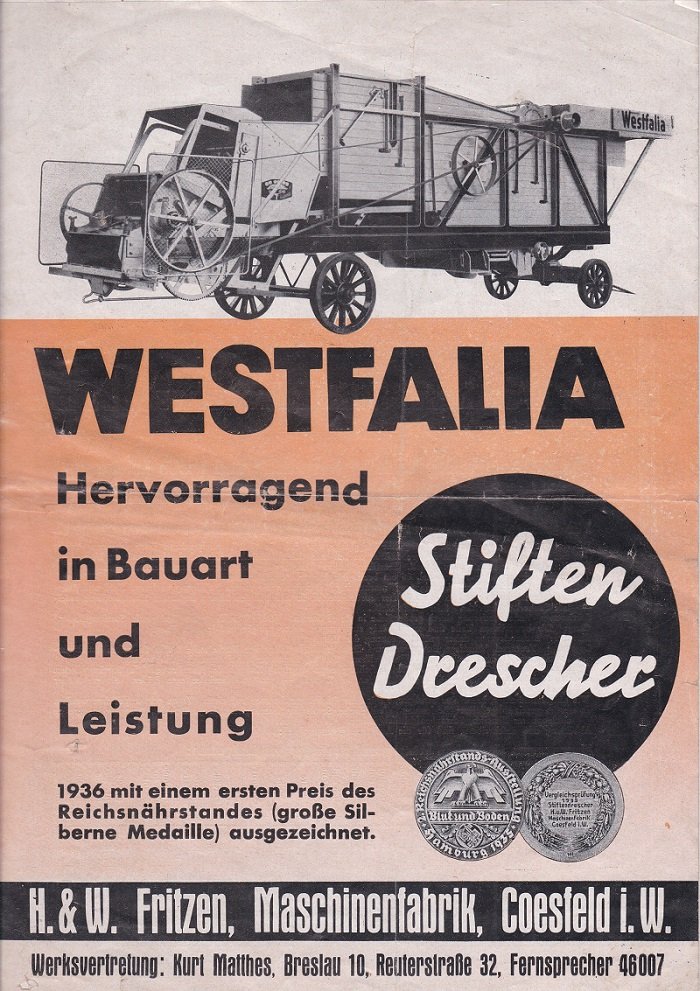 Westfalia. Stiften Drescher. Hervorragend in Bauart und Leisung.