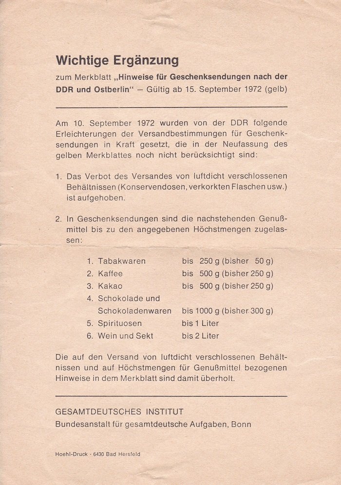 Wichtige Ergänzung zum Merkblatt "Hinweise für Geschenksendungen nach der DDR …
