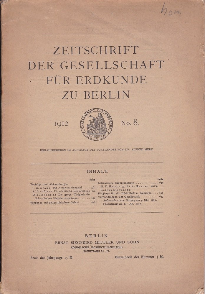 Zeitschrift der Gesellschaft für Erdkunde zu Berlin. No. 8, 1912.