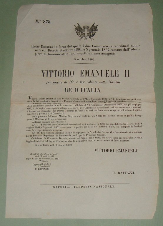 Gruppo di 24 manifesti: leggi e decreti regii 1862.