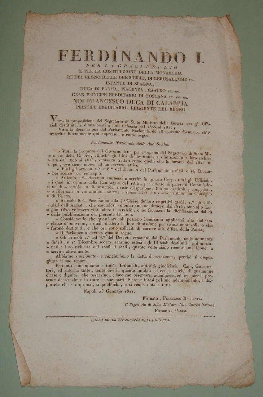 Decreto pubblicato a Napoli il 25 Gennaio 1821.