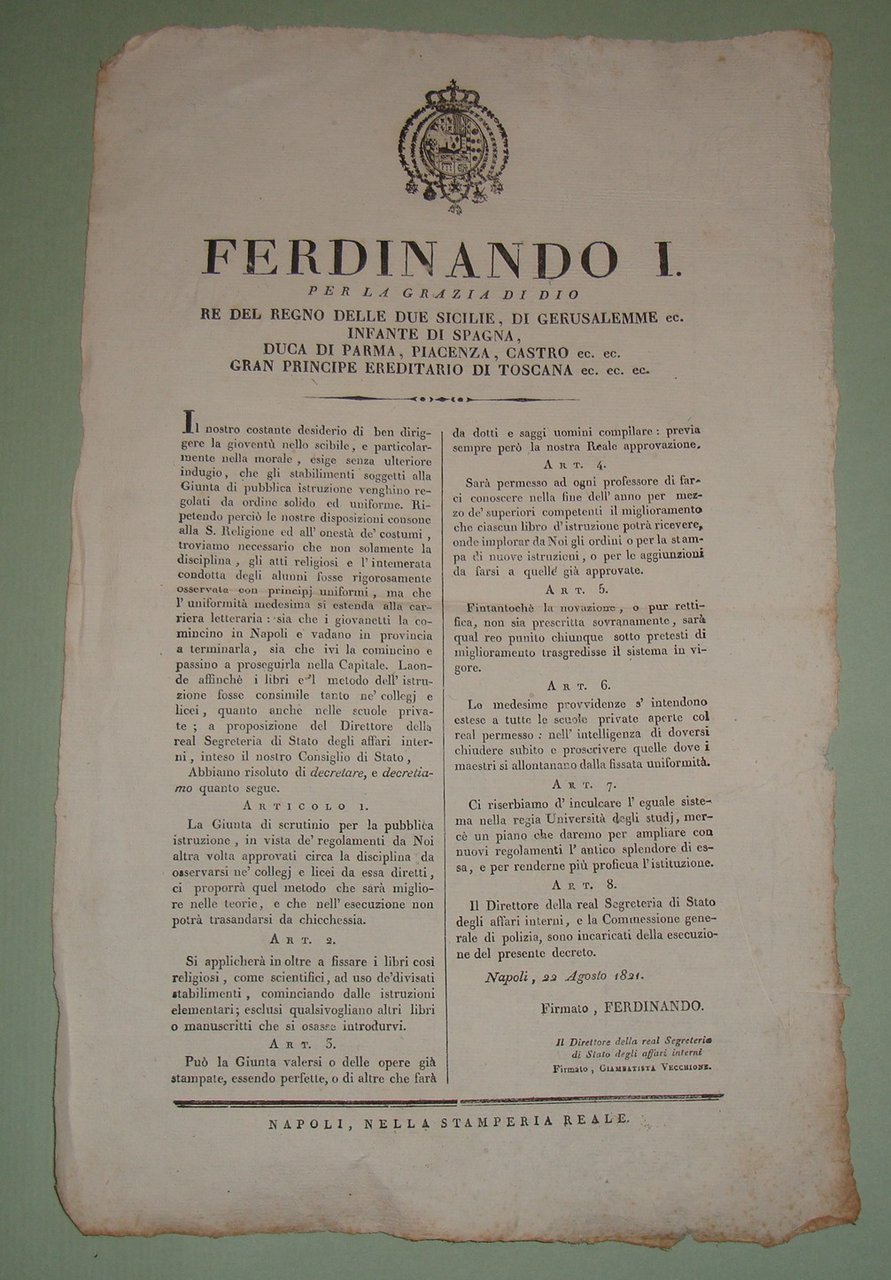 Decreto pubblicato a Napoli il 22 Agosto 1821.