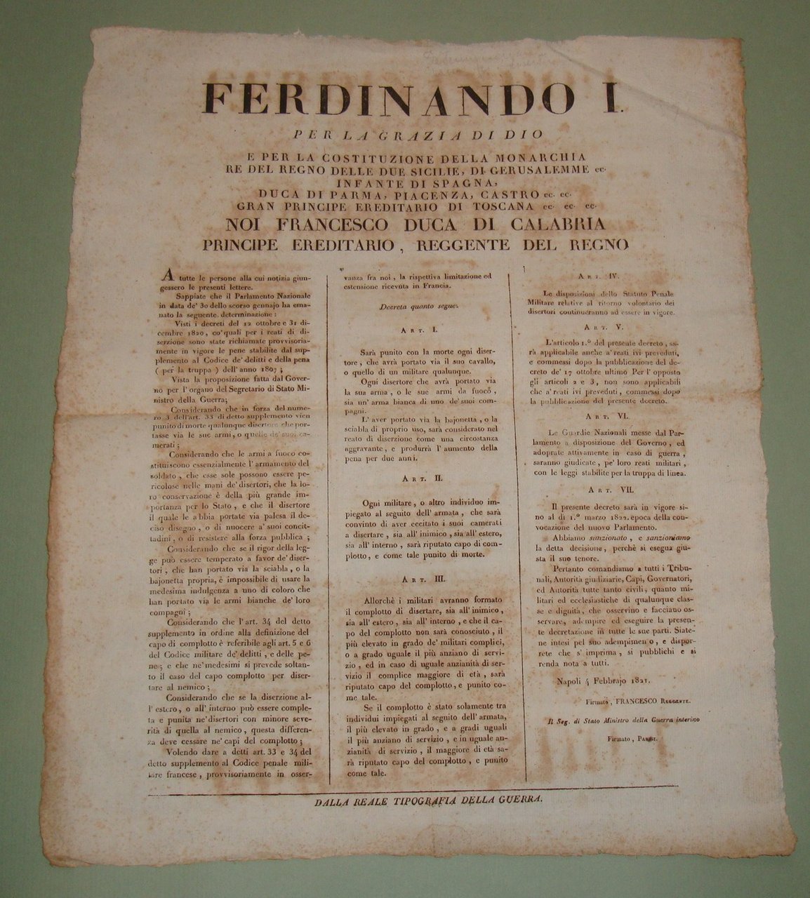 Decreto pubblicato a Napoli il 4 Febbrajo 1821.